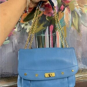 MCM Sky Blue Leather Shoulder Bag with Gold Chain